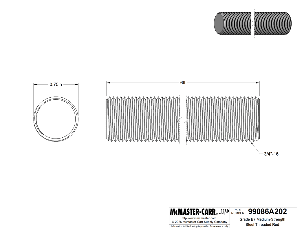 Technical Drawing of Grade B7 Medium-Strength Steel Threaded Rod, Zinc Yellow-Chromate Plated, 3/4"-16 Thread Size, 6 Feet Long.